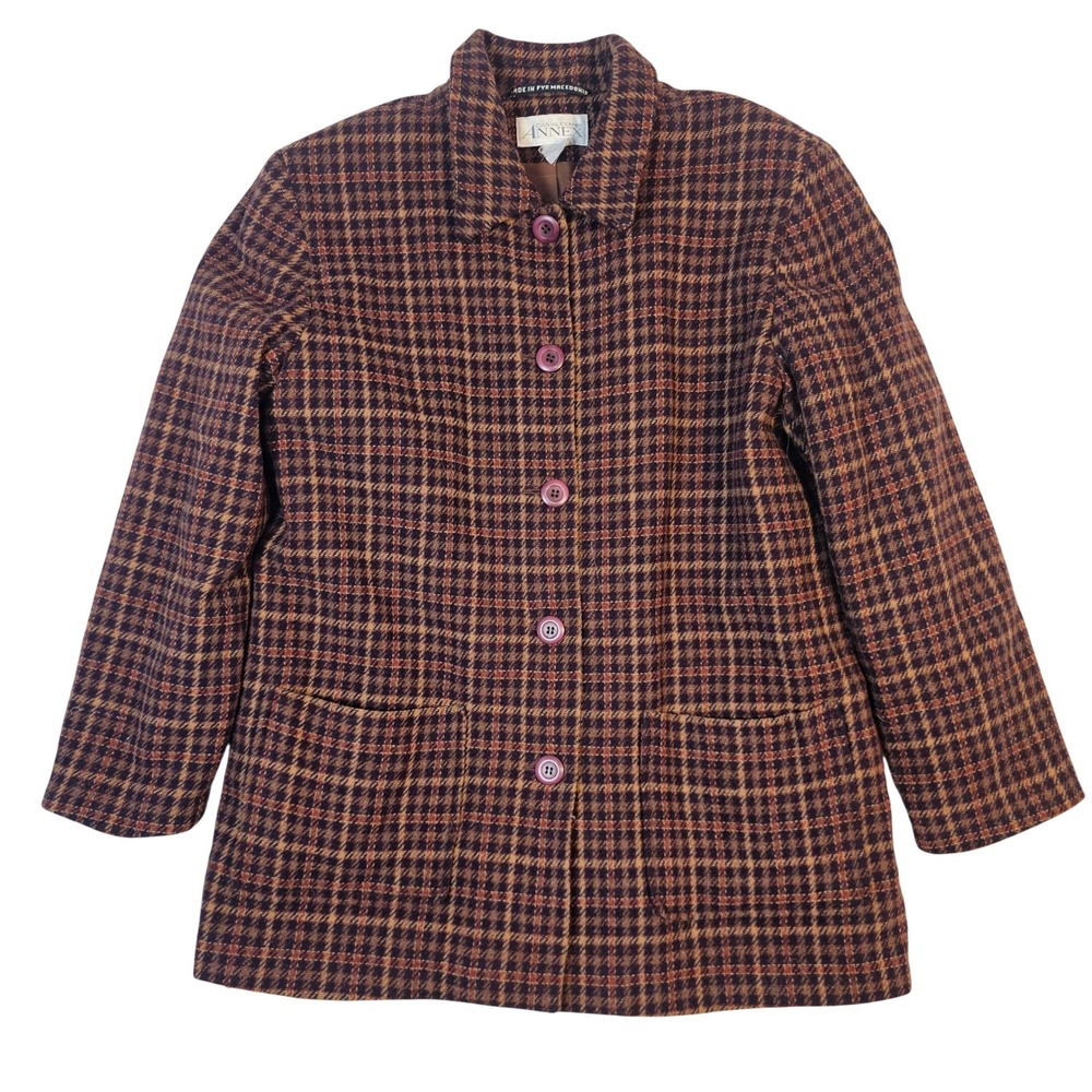 Casual Corner Annex Brown Plaid Wool Blend Button Front Jacket Coat Vintage